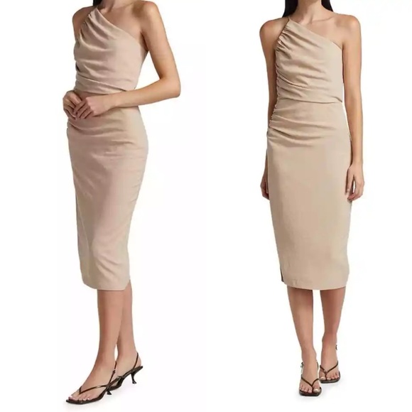 The Sei One Shoulder Midi Dress Asymmetrical Gathered Nude Tan Bone XS - Picture 3 of 14